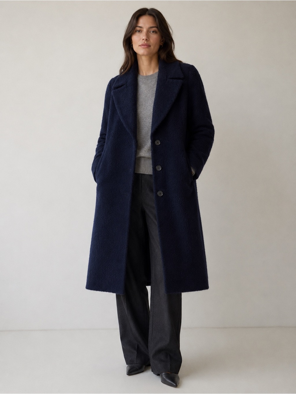 Ivy & Oak Long Wool Coat Navy Minimalist Tailored EU 34 US 2